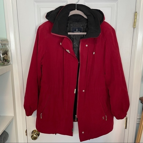 LONDON Fog Red & Black Warm Hooded Coat Medium petite - Picture 1 of 8